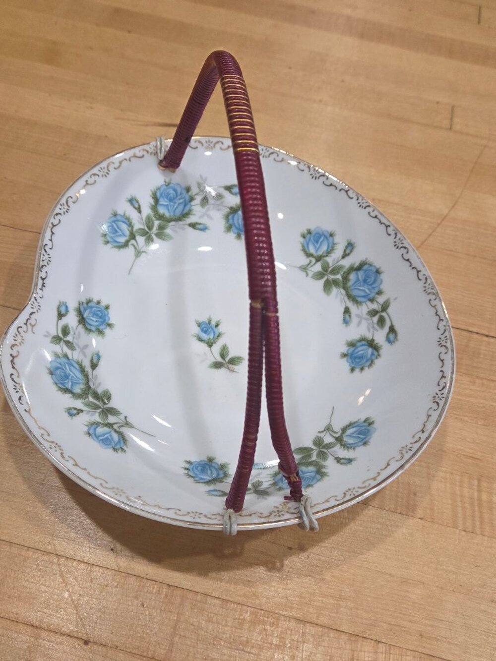 Vintage Porcelain Bon Bon Candy Dish Wrapped Wicker Handle Blue Roses Gilt Rim A